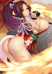 Rule 34 | 1girl, ass, breasts, fatal fury, fire, highres, huge breasts, ponytail, shiranui mai, solo
