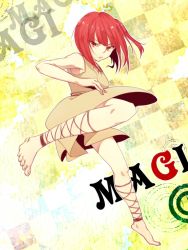 Rule 34 | 1girl, ankle lace-up, barefoot, cross-laced footwear, dress, feet, female focus, fighting stance, iori (largo), kicking, legs, looking at viewer, magi the labyrinth of magic, morgiana, non-web source, red eyes, red hair, solo
