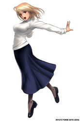 Rule 34 | 00s, 1girl, arcueid brunestud, black pantyhose, blonde hair, full body, long skirt, outstretched arms, pantyhose, red eyes, ryu (ryu&#039;s form site), short hair, simple background, skirt, solo, sweater, tsukihime, turtleneck, white background