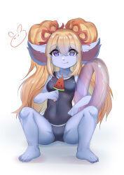 Rule 34 | 1girl, absurdres, artist logo, blonde hair, blue eyes, blue one-piece swimsuit, blue skin, breasts, closed mouth, collarbone, colored skin, eating, eyebrows, eyelashes, female focus, full body, hair between eyes, highres, knees up, league of legends, long ears, long hair, looking at viewer, medium breasts, one-piece swimsuit, poppy (league of legends), shortstack, simple background, sitting, smile, solo, spread legs, swimsuit, toes, twintails, white background, yandere rabbit, yordle