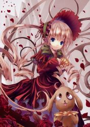 Rule 34 | 00s, 1girl, blonde hair, blue eyes, bonnet, bow, cup, dress, drill hair, flower, highres, kunkun, lace, long hair, petals, red dress, ribbon, rose, rozen maiden, shinku, smile, solo, teacup, twintails, very long hair, yamamoto nori