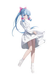 Rule 34 | 1girl, absurdres, ayaka (genshin impact), bare legs, blue eyes, blue hair, blunt tresses, blush, bow, closed mouth, dated, dress, frilled dress, frilled sleeves, frills, full body, genshin impact, hair bow, highres, light blue hair, long hair, looking at viewer, pink bow, ponytail, signature, simple background, smile, socks, solo, white background, white dress, white socks, xiangyu xiangyu