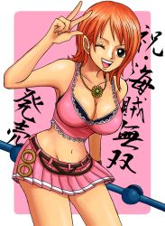 Rule 34 | 1girl, :d, ;d, breasts, brown eyes, cleavage, clima-tact, flower, jewelry, kiyu (zuyu), large breasts, midriff, miniskirt, nami (one piece), navel, necklace, one eye closed, one piece, one piece: pirate warriors, open mouth, orange hair, pink background, pink theme, short hair, skirt, smile, solo, teeth, translation request, v, wink