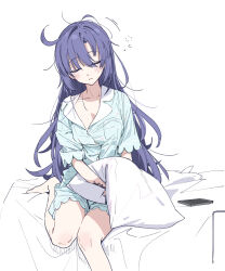 1girl alternate_hairstyle aqua_pajamas blue_archive collarbone devilmaguro highres messy_hair no_halo official_alternate_costume pajamas phone pillow purple_hair simple_background sleepwear solo twitter_username white_background yuuka_(blue_archive) yuuka_(pajamas)_(blue_archive)