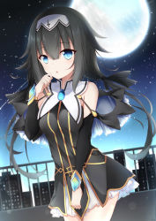 Rule 34 | 1girl, absurdres, black dress, black hair, black ribbon, black sleeves, blue eyes, character request, cowboy shot, date a live, detached sleeves, dress, floating hair, full moon, hair between eyes, hair ribbon, highres, long hair, long sleeves, moon, night, open mouth, outdoors, poinia, ribbon, rooftop, short dress, sky, sleeveless, sleeveless dress, solo, standing, star (sky), starry sky, twintails