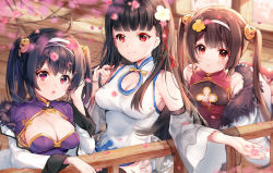 Rule 34 | 3girls, :o, ahoge, azur lane, bad id, bad pixiv id, bare shoulders, blurry, blurry foreground, blush, branch, breasts, brown hair, cleavage, cleavage cutout, closed mouth, clothing cutout, depth of field, dress, flower, fur-trimmed jacket, fur trim, hair between eyes, hair flip, hairband, hairpods, jacket, long hair, medium breasts, multiple girls, ning hai (azur lane), off shoulder, parted lips, pf, ping hai (azur lane), pink flower, purple dress, railing, red dress, red eyes, sleeveless, sleeveless dress, small breasts, smile, twintails, very long hair, white dress, white hairband, white jacket, yat sen (azur lane), yellow flower