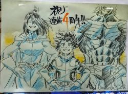 Rule 34 | 1girl, 2boys, all might, bare shoulders, bodysuit, boku no hero academia, cape, curly hair, freckles, hands on own hips, height difference, highres, long hair, long sleeves, marker (medium), mask, midoriya izuku, mole, mole under mouth, multiple boys, muscular, official art, shimura nana, short hair, sleeves past elbows, smile, teeth, traditional media, umakoshi yoshihiko, yellow background