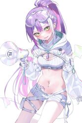 Rule 34 | 1girl, absurdres, belt, breasts, cleavage, clothes pin, cropped legs, demon tail, demon wings, double-parted bangs, ear ornament, fang, gloves, goggles, goggles on head, green hair, highres, holding, holding megaphone, hololive, hooded shrug, light blush, light frown, light smile, long hair, long sleeves, looking at viewer, medium breasts, megaphone, midriff, multicolored hair, navel piercing, piercing, pink hair, ponytail, pouch, puffy long sleeves, puffy sleeves, purple hair, see-through, see-through sleeves, short shorts, shorts, sidelocks, stomach tattoo, tail, tank top, tattoo, thigh pouch, thigh strap, tokkieee qian, tokoyami towa, tokoyami towa (5th costume), very long hair, virtual youtuber, white background, white belt, white gloves, white hair, white shorts, white shrug, white tank top, wings