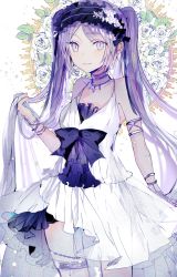 Rule 34 | 1girl, armlet, bad id, bad pixiv id, choker, closed mouth, dress, euryale (fate), euryale (third ascension) (fate), fate/grand order, fate (series), flower, frilled hairband, frills, hairband, headdress, highres, jewelry, leaf, legs, lolita fashion, lolita hairband, long hair, looking at viewer, poni (rito), purple eyes, purple hair, sleeveless, sleeveless dress, smile, solo, thighlet, thighs, twintails, very long hair, white dress