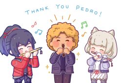 Rule 34 | 1girl, 2boys, ^ ^, afro, akumarations, animal ears, black hair, black pants, black suit, blonde hair, blush stickers, cat ears, chibi, closed eyes, commentary, flute, formal, gloves, grey jacket, high ponytail, highres, instrument, jacket, long hair, mio (xenoblade), multiple boys, music, musical note, noah (xenoblade), pants, pantyhose, playing flute, playing instrument, recorder, red jacket, shirt, short hair, sidelocks, simple background, skirt, suit, thank you, the game awards, white background, white gloves, white hair, white shirt, white skirt, xenoblade chronicles (series), xenoblade chronicles 3