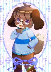 Rule 34 | animal ears, blue shirt, blue sweater, brown-framed eyewear, brown hair, brown pants, collared shirt, commentary request, commission, dog ears, dog tail, dress shirt, feet out of frame, furry, glasses, grey eyes, hair between eyes, hand on own hip, hand up, kou hiyoyo, long sleeves, original, pants, pink background, polka dot, polka dot background, puffy long sleeves, puffy sleeves, shirt, skeb commission, sleeves past wrists, solo, sparkle, standing, striped, striped background, sweater, tail, thick eyebrows, vertical stripes