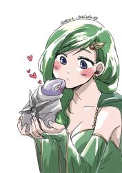 Rule 34 | 1girl, blue eyes, blush, breasts, cleavage, earrings, final fantasy, final fantasy iv, frog, green hair, hair ornament, heart, highres, jewelry, long hair, nozo717, rydia (ff4), simple background, solo, white background