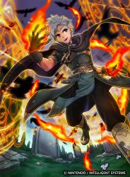 Rule 34 | 1boy, bad id, bad twitter id, bird, boey (fire emblem), boots, brown eyes, cape, circlet, company name, crow, dark skin, dark-skinned male, fire, fire emblem, fire emblem cipher, fire emblem echoes: shadows of valentia, gloves, grass, magic circle, male focus, nintendo, official art, open mouth, solo, teeth, tombstone, tree, white hair