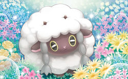 Rule 34 | :3, black eyes, closed mouth, creature, creatures (company), flower, full body, game freak, gen 8 pokemon, grass, horns, looking at viewer, mizue, nintendo, no humans, official art, pokemon, pokemon (creature), pokemon tcg, sheep, solo, sparkle, third-party source, wooloo