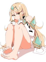 Rule 34 | 1girl, absurdres, barefoot, blonde hair, circlet, closed mouth, earrings, elbow gloves, ereka, feet, full body, gloves, highres, hugging own legs, jewelry, knees up, legs, long hair, looking at viewer, mythra (xenoblade), shadow, sitting, soles, solo, swept bangs, toenails, toes, very long hair, white background, white gloves, xenoblade chronicles (series), xenoblade chronicles 2, yellow eyes