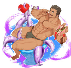 Rule 34 | 1boy, abs, absurdres, bara, beard, box, bulge, chocolate, dagon (housamo), dark-skinned male, dark skin, facial hair, fins, fish boy, full body, gift, gift box, grey male swimwear, heart-shaped box, highres, incoming gift, konaoji (connersublow), large pectorals, long sideburns, looking at viewer, male focus, male swimwear, mature male, muscular, muscular male, navel, navel hair, nipples, pectorals, short hair, sideburns, sitting, solo, stomach, stubble, swim briefs, tentacles, thick thighs, thighs, tokyo houkago summoners, tongue, tongue out, topless male, valentine