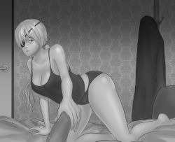 Rule 34 | 1boy, 1girl, absurdres, bed, blush, breasts, chainsaw man, cleavage, eyepatch, greyscale, grnbw, handjob, hetero, highres, indoors, large breasts, long hair, monochrome, on bed, panties, ponytail, quanxi (chainsaw man), tank top, underwear