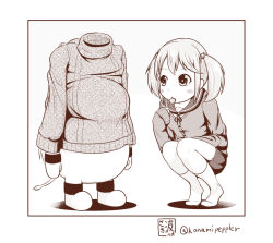 Rule 34 | 10s, 2girls, cardigan, commentary request, hair bobbles, hair ornament, kantai collection, long sleeves, looking at viewer, monochrome, moomin, multiple girls, muppo, northern ocean princess, sazanami (kancolle), sazanami konami, school uniform, sketch, sweater, twitter username, white background