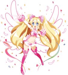 Rule 34 | 1girl, arm up, armpits, blonde hair, blue eyes, blush, boots, bracelet, confetti, disgaea, disgaea rpg, elbow gloves, feathers, flonne, full body, gloves, heart, highres, jewelry, long hair, looking at viewer, magical girl, miniskirt, navel, non-web source, official art, open mouth, photoshop (medium), pink footwear, pure flonne, skirt, solo, thigh boots, transparent background, twintails, very long hair, wings
