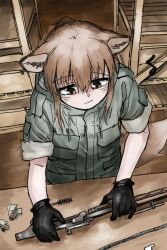Rule 34 | 1girl, absurdres, animal ears, brown eyes, brown hair, closed mouth, disassembly, fox ears, fox girl, fox girl (yihan1949), fox tail, gloves, gun, highres, military uniform, musical note, original, rifle, solo, spring (object), standing, tail, uniform, warehouse, weapon, weapon part, yihan1949