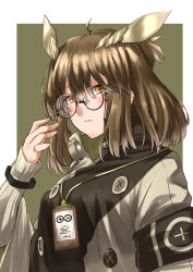 Rule 34 | 1girl, antenna hair, arknights, armband, ayyh, brown eyes, brown hair, commentary request, feather hair, glasses, hand up, highres, long sleeves, looking at viewer, pointy hair, rhine lab logo, round eyewear, silence (arknights), solo, upper body
