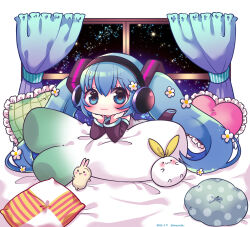 Rule 34 | 1girl, :3, blue eyes, blush, chibi, curtains, detached sleeves, eyelashes, flower, hair flower, hair ornament, hatsune miku, headphones, heart, heart-shaped pillow, highres, miku day, no nose, pillow, semausa, sky, solo, spring onion, star (sky), starry sky, stuffed animal, stuffed toy, twintails, vocaloid, white flower, window