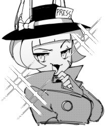 Rule 34 | 1girl, :3, bob cut, coat, fang, fedora, firemauer, greyscale, hat, hat ornament, highres, monochrome, ms. fortune (skullgirls), open mouth, short hair, skullgirls, smile, solo, sparkle, trench coat, upper body