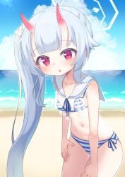 Rule 34 | 1girl, :o, bare arms, bare shoulders, beach, bikini, bikini under clothes, blue archive, blue hair, blue sky, chise (blue archive), chise (swimsuit) (blue archive), cloud, cloudy sky, collarbone, commentary request, day, flower, hair flower, hair ornament, halo, highres, horizon, horns, kokone (coconeeeco), leaning forward, looking at viewer, navel, ocean, oni, oni horns, outdoors, parted lips, purple eyes, sailor collar, sand, see-through, side-tie bikini bottom, side ponytail, sidelocks, sky, solo, striped bikini, striped clothes, swimsuit, water, white flower, white sailor collar