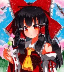 Rule 34 | 1girl, absurdres, ascot, bad id, bad pixiv id, bandages, bare shoulders, black hair, blue sky, bow, breasts, cherry blossoms, collar, collared dress, dango, dress, food, grass, hair between eyes, hair ornament, hair tubes, hakurei reimu, hand up, highres, long hair, long sleeves, looking at viewer, medium breasts, multicolored eyes, open mouth, orange eyes, qqqrinkappp, red bow, red dress, red eyes, sanshoku dango, shikishi, sky, solo, touhou, traditional media, tree, wagashi, white sleeves, wide sleeves, yellow ascot, yellow eyes