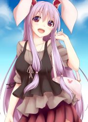 Rule 34 | 1girl, :d, alternate costume, animal ears, bag, blouse, contemporary, handbag, hisae (hisae collect), long hair, looking at viewer, open mouth, purple hair, rabbit ears, rabbit head, red eyes, reisen udongein inaba, ribbon, shirt, skirt, smile, solo, touhou, very long hair