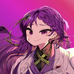 Rule 34 | 1girl, black shirt, black survival, blood, blood stain, blush, braid, braided bangs, closed mouth, coat, commentary request, crying, crying with eyes open, green ribbon, hair ribbon, highres, hyejin (black survival), kurodani yamame, long hair, looking at viewer, purple background, purple eyes, purple hair, purple vest, ribbon, rinyamame, shirt, smile, solo, tears, touhou, upper body, vest, white coat