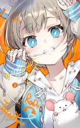 Rule 34 | 1girl, arm up, blue eyes, blush, clenched teeth, grey hair, highres, hood, hoodie, jacket, long sleeves, looking at viewer, mouse (animal), mouth hold, open clothes, open jacket, original, portrait, short hair, sleeves past wrists, solo, soyoong jun, teeth, teeth hold, upper body, white hoodie
