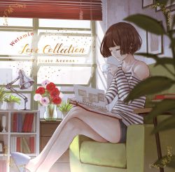 Rule 34 | 1girl, armchair, bare legs, bare shoulders, blue shorts, bob cut, book, brown hair, chair, closed eyes, closed mouth, crossed legs, cup, desk lamp, flower, highres, holding, holding cup, kaoming, lamp, long sleeves, open book, original, pink flower, pink rose, red flower, red rose, rose, shirt, short hair, short shorts, shorts, sitting, slippers, solo, striped clothes, striped shirt