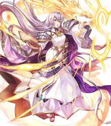Rule 34 | 1girl, book, breasts, cape, chachie, circlet, dragon, dress, fire emblem, fire emblem: genealogy of the holy war, fire emblem heroes, full body, hair ornament, hand up, highres, holding, holding book, jewelry, julia (fire emblem), long hair, long sleeves, looking away, magic, medium breasts, nintendo, non-web source, official art, open mouth, purple eyes, purple hair, sandals, see-through, solo, toes, transparent background, very long hair, wide sleeves