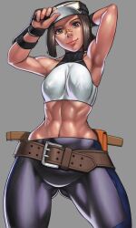 Rule 34 | 1girl, abs, arms up, bandaid, bandaid on face, bandaid on nose, bare shoulders, baseball cap, belt, breasts, brown eyes, brown hair, clair andrews, closed mouth, cowboy shot, ehrgeiz, goggles, goggles on headwear, halterneck, hat, highres, lips, looking at viewer, midriff, muscular, muscular female, navel, shinonome (game hakkutsu tai), short hair, short ponytail, simple background, small breasts, smile, solo