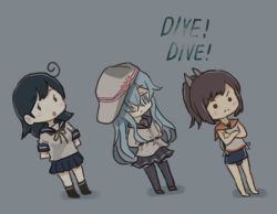 Rule 34 | 3girls, ahoge, arms behind back, black hair, blue eyes, blue hair, blush stickers, brown hair, chibi, comic, commentary request, crossed arms, english text, flat cap, grey background, hair between eyes, hair ornament, hair over one eye, hat, hibiki (kancolle), i-401 (kancolle), kantai collection, long hair, long sleeves, multiple girls, pleated skirt, ponytail, remodel (kantai collection), saiguchi otoufu, school swimsuit, school uniform, serafuku, shirt, short sleeves, skirt, sleeveless, sleeveless shirt, swimsuit, swimsuit under clothes, thighhighs, translation request, ushio (kancolle), verniy (kancolle)