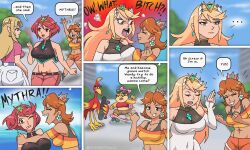 Rule 34 | 6+girls, angry, anniversary, archdan, ass, banjo-kazooie, bird, blue eyes, breasts, brown eyes, brown hair, cleavage, comic, crown, day, earrings, flower earrings, grin, highres, jewelry, kazooie (banjo-kazooie), large breasts, laughing, lipstick, long hair, makeup, mario (series), medium breasts, midriff, multiple girls, mythra (xenoblade), navel, nintendo, open mouth, pants, princess daisy, princess zelda, pyra (xenoblade), red eyes, red hair, ribbon, screaming, shorts, skateboard, smile, speech bubble, standing, sunglasses, super mario bros. 3, super mario land, super smash bros, super smash bros., talking, the legend of zelda, the legend of zelda: a link between worlds, tiara, tomboy, triforce earrings, wendy o. koopa, xenoblade chronicles (series), xenoblade chronicles 2, yellow eyes