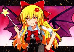 Rule 34 | 1girl, bad id, bad twitter id, bat (animal), bat wings, blonde hair, blouse, bow, bowtie, collared shirt, elis (touhou), facial mark, hair bow, hand on own hip, pointy ears, purple vest, qqqrinkappp, red bow, red bowtie, shirt, solo, star wand, touhou, traditional media, vest, white shirt, wings