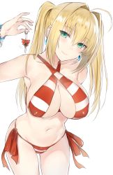 Rule 34 | 1girl, ahoge, arm behind back, bikini, blonde hair, bracelet, breasts, cleavage, closed eyes, closed mouth, commentary request, cowboy shot, earrings, eyes visible through hair, fate/grand order, fate (series), green eyes, hair intakes, halterneck, highres, holding, holding key, jewelry, key, kyouki, large breasts, leaning forward, legs apart, long hair, looking at viewer, motion lines, navel, nero claudius (fate), nero claudius (fate) (all), nero claudius (swimsuit caster) (fate), side-tie bikini bottom, sidelocks, simple background, smile, solo, standing, striped bikini, striped clothes, swimsuit, twintails, white background