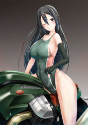 Rule 34 | 10s, 1girl, alternate costume, bare legs, breasts, chikuma (kancolle), competition swimsuit, gloves, hassen (8cm), kantai collection, large breasts, leotard, long hair, looking at viewer, motor vehicle, motorcycle, one-piece swimsuit, one eye closed, sideboob, single glove, solo, swimsuit, vehicle