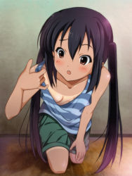 Rule 34 | 00s, 1girl, bent over, black hair, blush, breasts, brown eyes, cleavage, downblouse, k-on!, kneeling, long hair, looking to the side, nakano azusa, no bra, open mouth, ryunnu, shirt, shirt tan, shorts, shorts tan, small breasts, solo, strap lift, striped clothes, striped shirt, tan, tank top, tanline, twintails