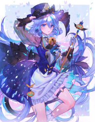 Rule 34 | 1girl, arm up, ascot, asymmetrical gloves, bell, black ascot, black bow, black gloves, blue eyes, blue hair, blue hat, blue vest, bow, cane, dress, furina (genshin impact), genshin impact, gloves, halloween, hat, hat bow, highres, holding, holding cane, jingle bell, long hair, looking at viewer, mismatched gloves, multicolored hair, orange sekaii, parted lips, socks, solo, streaked hair, thigh strap, very long hair, vest, white dress, white gloves, white socks