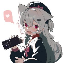 Rule 34 | 1girl, ahoge, animal ears, bandaid, bandaid on face, black hat, blush, camera, collar, commentary, fang, fenrir (fenriluuu), grey hair, hair between eyes, hair ornament, hairclip, hat, heart, holding, holding camera, long hair, long sleeves, one side up, open mouth, original, red collar, red eyes, rir-chan, simple background, skin fang, solo, spoken heart, symbol-only commentary, white background, wolf ears, wolf girl