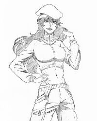 Rule 34 | 1girl, bambietta basterbine, black hair, bleach, bleach: sennen kessen-hen, cropped jacket, groin, hair between eyes, hand on own hip, hand up, hat, jacket, jewelry, long hair, long sleeves, looking at viewer, midriff, monochrome, navel, necklace, official alternate costume, open mouth, pants, rakusakugk, sketch, smile, solo, zipper pull tab