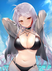 Rule 34 | 1girl, alternate hairstyle, antenna hair, arms behind head, azur lane, bikini, black bikini, black choker, blush, breasts, brown eyes, choker, cleavage, collarbone, commentary request, criss-cross halter, cross, cross earrings, cross necklace, day, earrings, hair between eyes, hair down, halterneck, head tilt, iron cross, jacket, jewelry, large breasts, long hair, looking at viewer, mujinbensin, multicolored hair, navel, necklace, o-ring, o-ring bikini, o-ring bottom, open clothes, open jacket, outdoors, patreon username, prinz eugen (azur lane), red hair, revision, smile, solo, stomach, streaked hair, swept bangs, swimsuit, very long hair, white hair
