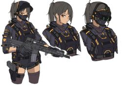 Rule 34 | 1girl, 3 small spiders, absurdres, assault rifle, brown eyes, character sheet, dark skin, glock, gloves, gun, handgun, highres, holding, holding weapon, holster, holstered, kac sr-15, mask, mouth mask, original, bulletproof vest, ponytail, rifle, shorts, sketch, solo, tactical clothes, thigh holster, thighhighs, trigger discipline, visor (armor), weapon, white background