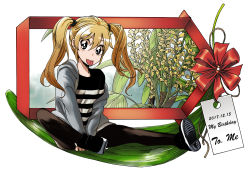 Rule 34 | 1girl, black eyes, blonde hair, cyrano (aazzss3), dated, eyebrows hidden by hair, full body, hair tie, hood, hoodie, leaf, off-shoulder sweater, off shoulder, original, pantyhose, plant, ribbon, shirt, shoes, sitting, skirt, sneakers, solo, striped clothes, striped shirt, sweater, tongue, tongue out, twintails