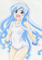 Rule 34 | 1girl, :d, bare shoulders, blue eyes, blue hair, blush, collarbone, colored pencil (medium), curvy, flat chest, groin, hat, highres, ikamusume, long hair, matching hair/eyes, one-piece swimsuit, open mouth, school swimsuit, shinryaku! ikamusume, smile, solo, swimsuit, tentacle hair, thick thighs, thighs, traditional media, white school swimsuit, white one-piece swimsuit, wide hips, yotaka
