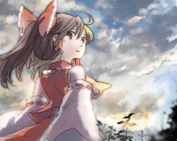Rule 34 | 1girl, ahoge, bow, brown eyes, brown hair, detached sleeves, female focus, from behind, hair bow, hair ribbon, hair tubes, hakurei reimu, japanese clothes, looking back, miko, nature, outdoors, plant, ponytail, ribbon, shinoasa, sky, solo, touhou, upper body