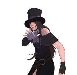 Rule 34 | 1other, androgynous, ascot, asymmetrical gloves, asymmetrical sleeves, bare shoulders, black gloves, black hat, brown hair, fingerless gloves, gloves, guilty gear, guilty gear strive, hat, highres, jamiroquai, long hair, looking at viewer, other focus, parody, red eyes, testament (guilty gear), top hat, white ascot, white gloves, xenosweater